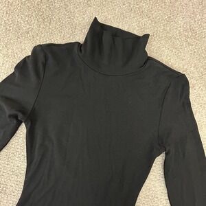 Commense Bodycon Dress Womens XS Black Rayon Stretch Turtleneck Keyhole Back